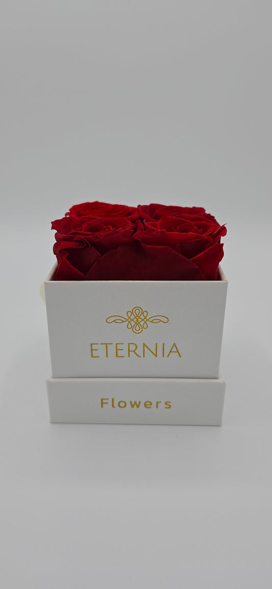 Boite carrée classique  |  4 roses éternelles rouges
