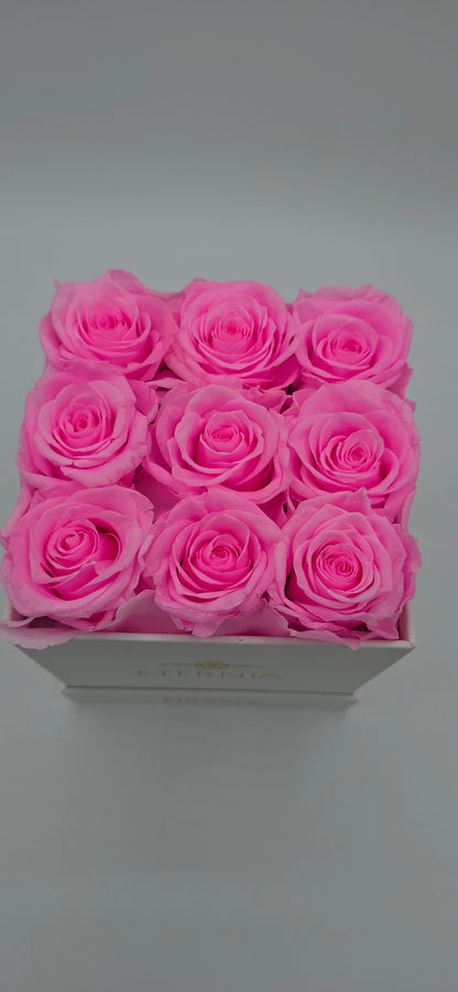 Boite carrée classique  |  9 roses éternelles roses