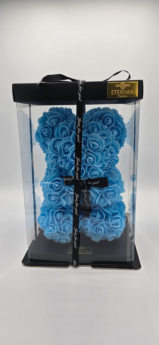Nounours avec petites roses bleues  – L'Alliance du Charme et de la Douceur
